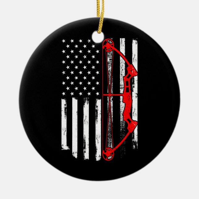 Archery Compound Bow Shooting USA Flag Bowhunter Ceramic Tree Decoration (Front)