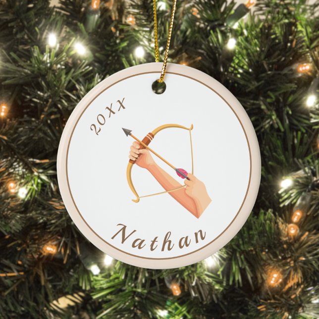 Archery Hands Bow & Arrow Name & Year Pastel Cream Ceramic Tree Decoration (Creator Uploaded)