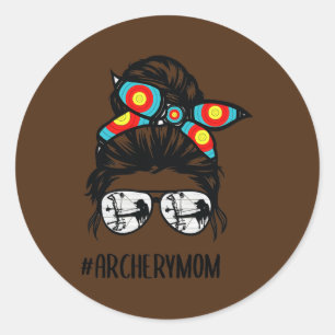 Archery Mom Life Messy Bun Hair Glasses  Classic Round Sticker