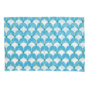 Arches, fan or lily flowers repeat pattern on blue pillowcase