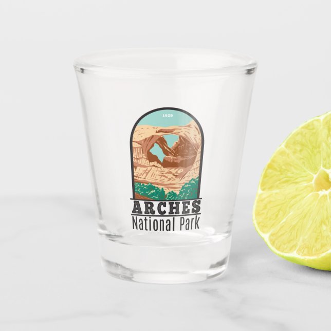 Arches National Park Double Arch Vintage Shot Glass (Front)