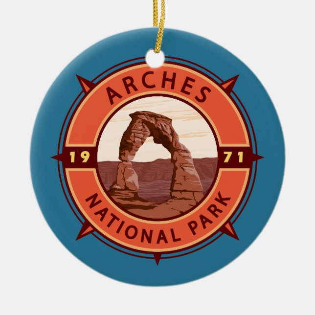Arches National Park Retro Compass Emblem Ceramic Tree Decoration (Front)