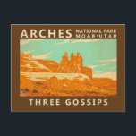 Arches National Park Utah Three Gossips Vintage Postcard<br><div class="desc">Arches vector artwork design of Three Gossips sandstone tower atop a pedestal within Courthouse Towers cluster. The park lies north of Moab in the state of Utah. Bordered by the Colorado River in the southeast,  it’s known as the site of more than 2, 000 natural sandstone arches.</div>