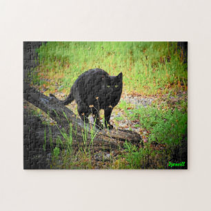 Arching Black Cat on Driftwood Jigsaw Puzzle