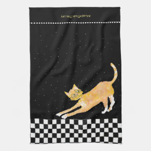 Arching Ginger Cat with Glasses Tea Towel