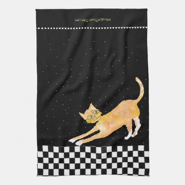 Arching Ginger Cat with Glasses Tea Towel (Vertical)