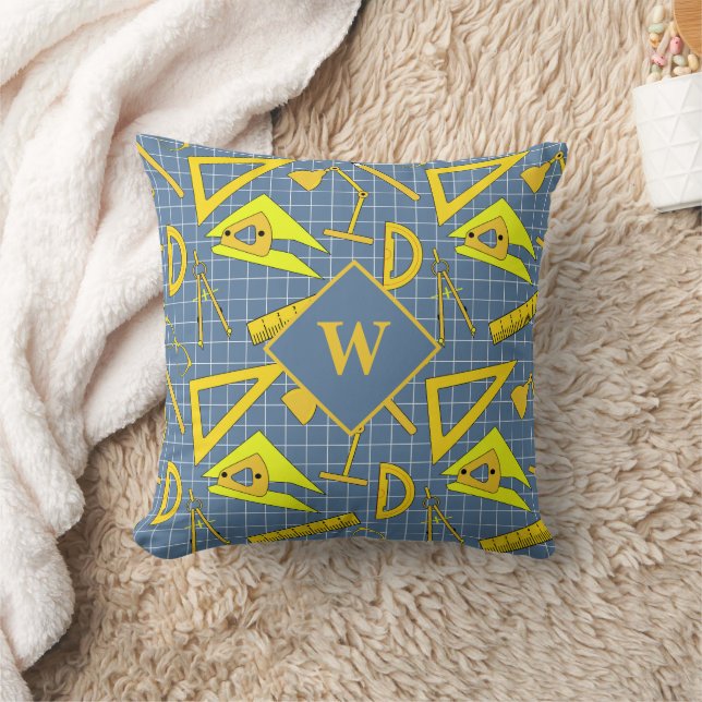 Architect Drawing Tools Patterned Blue Monogram Cushion (Blanket)