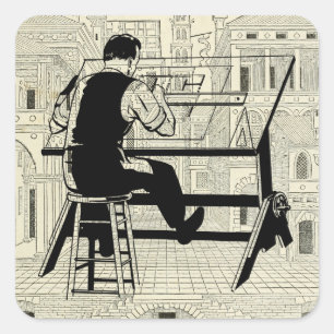 Architect engineer drafting table art illustration square sticker