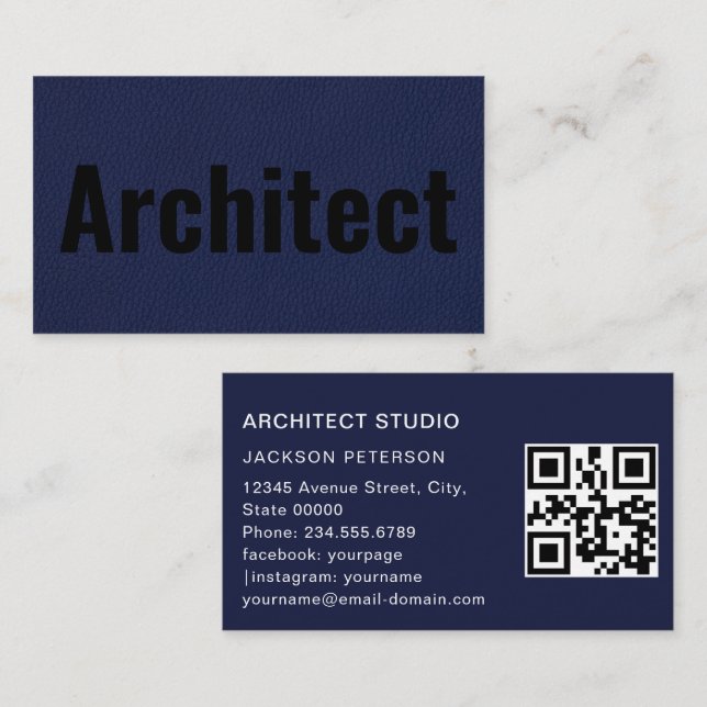 Architect Minimalist Bold Text Elegant Blue QR Business Card (Front/Back)