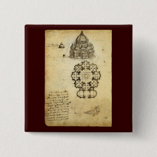 Architectural Sketch by Leonardo da Vinci 15 Cm Square Badge