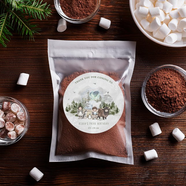 Arctic Adventure Birthday Party Classic Round Sticker (Creator Uploaded)