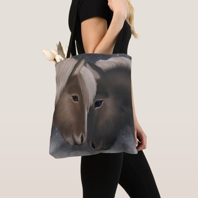 Arctic Affection: Icelandic Horses in Snowy Embrac Tote Bag (Close Up)
