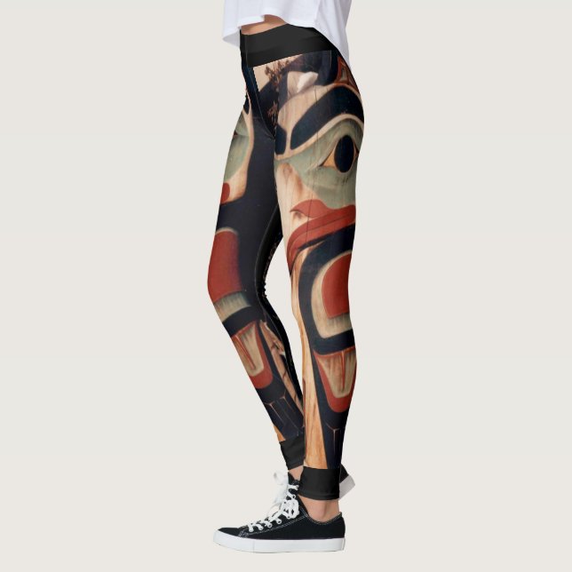 Arctic Alaska Carved Wood Totem Pole Designed Leggings (Left)