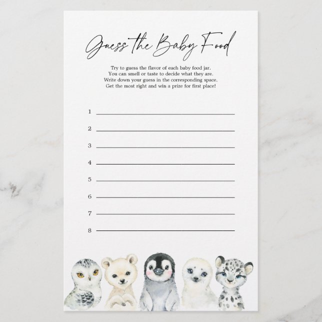 Arctic Animal Baby Shower Guess The Baby Food Game (Front)