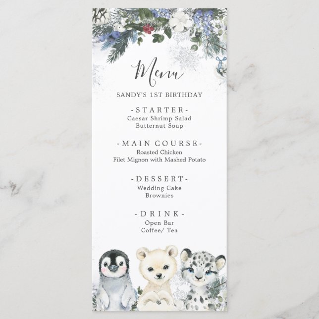 Arctic Animal Winter Onederland 1st Birthday Menu (Front)