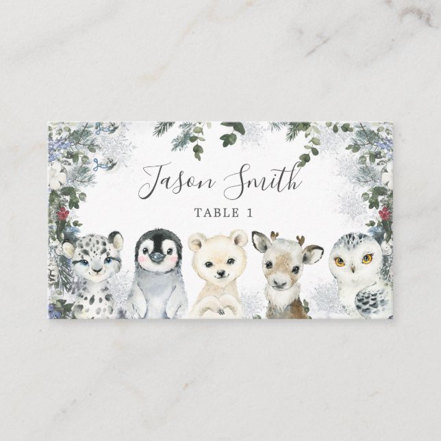 Arctic Animal Winter Onederland 1st Birthday Place Card (Front)