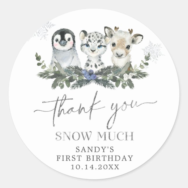 Arctic Animal Winter Onederland Birthday Thank You Classic Round Sticker (Front)