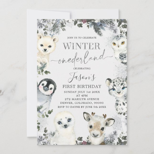Arctic Animal Winter Onederland First Birthday Invitation (Front)