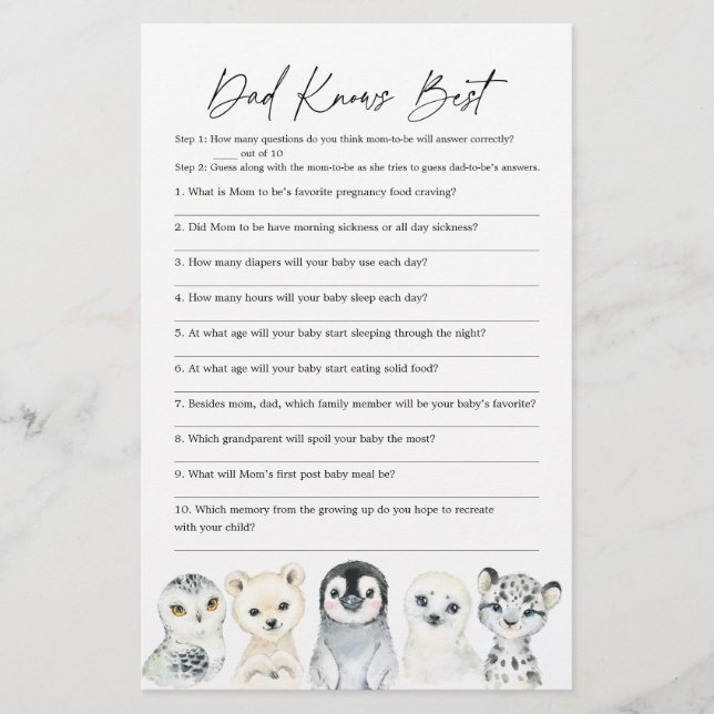 Arctic Animals Baby Shower Dad Knows Best Game (Front)