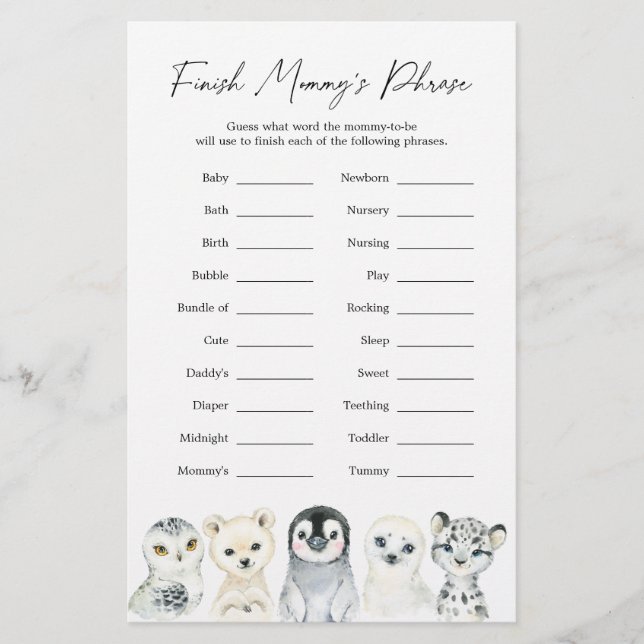 Arctic Animals Baby Shower Finish Mummy's Phrase (Front)