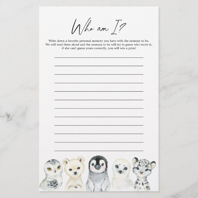 Arctic Animals Baby Shower Who Am I Game (Front)