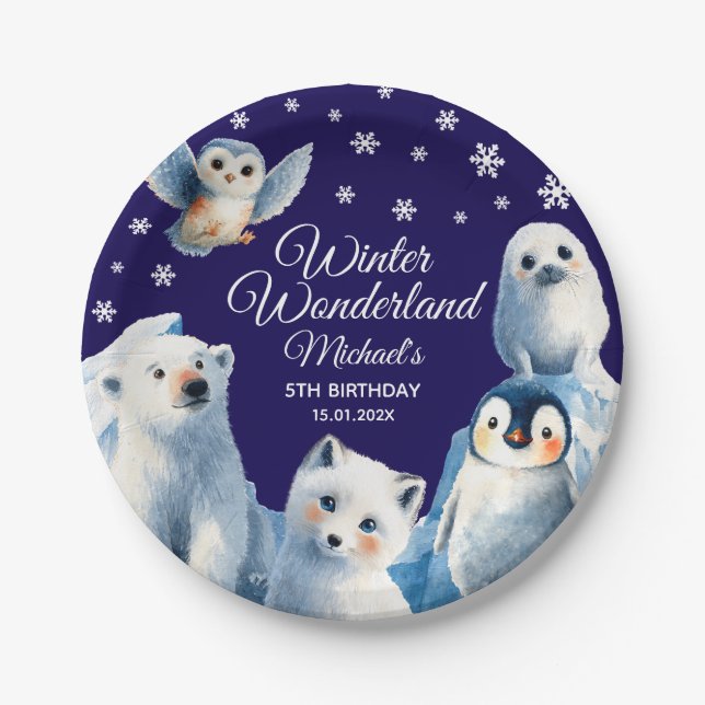 Arctic Animals Blue Winter Kids' Birthday Party Paper Plate (Front)