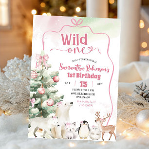 Arctic Animals Coquette Wild One Girl 1st Birthday Invitation