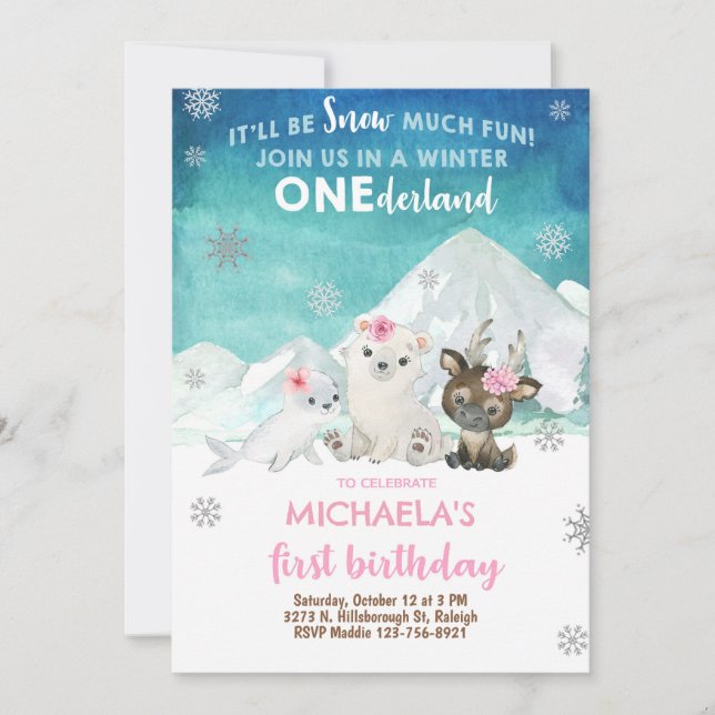 Arctic animals girl winter birthday invite. invitation (Front)
