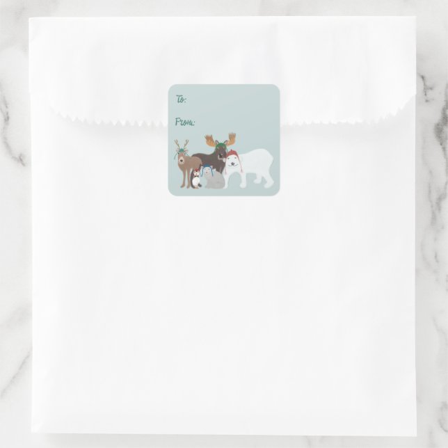 Arctic Animals in Winter Hats Christmas To From Square Sticker (Bag)