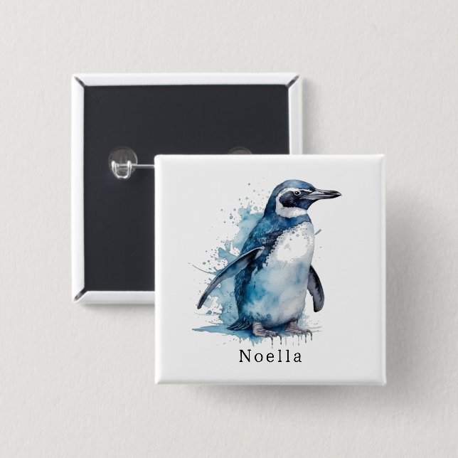 Arctic Azure Watercolor Penguin, custom 15 Cm Square Badge (Front & Back)