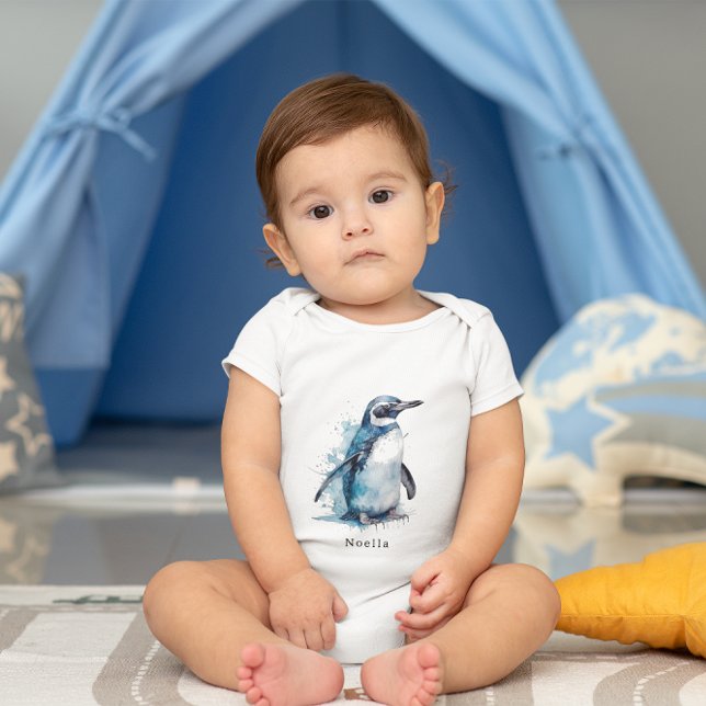 Arctic Azure Watercolor Penguin, custom Baby Bodysuit (Creator Uploaded)