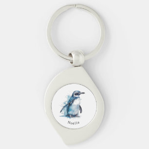 Arctic Azure Watercolor Penguin, custom  Key Ring