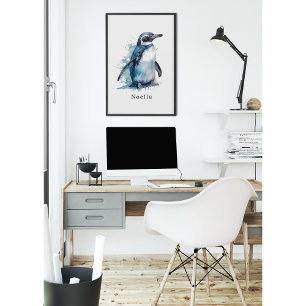 Arctic Azure Watercolor Penguin, custom Poster