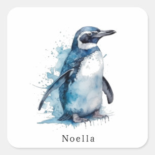  Arctic Azure Watercolor Penguin, custom Square Sticker