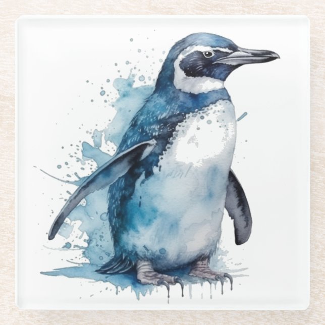  Arctic Azure Watercolor Penguin  Glass Coaster (Front)