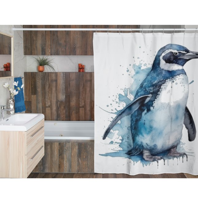 Arctic Azure Watercolor Penguin Shower Curtain (Creator Uploaded)