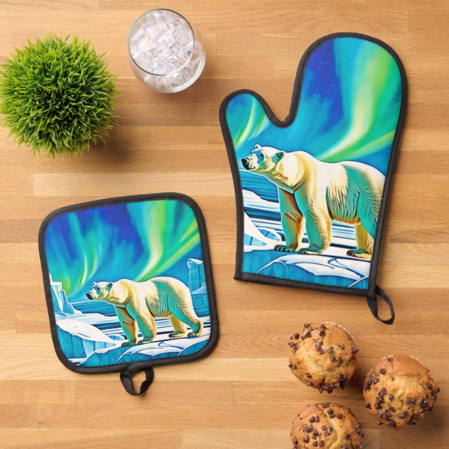 Arctic Bear Northern Lights Oven Mitt & Pot Holder Set (Top Down)