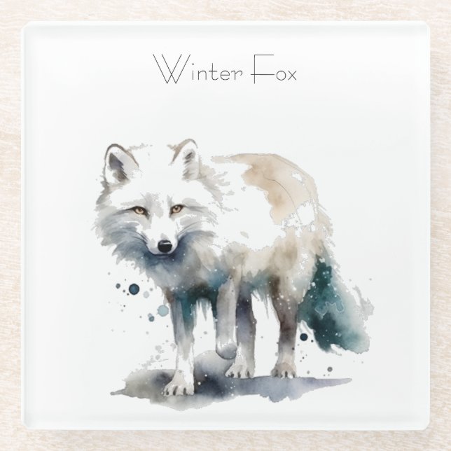 Arctic Beauty: Winter Fox custom Glass Coaster (Front)