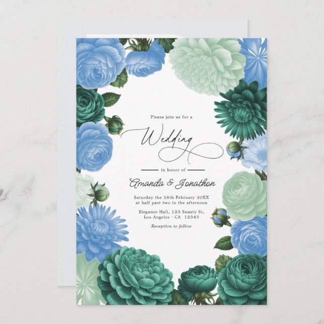 Arctic Blue, Frosted Pine & Cloud Moss Wedding Invitation (Front/Back)