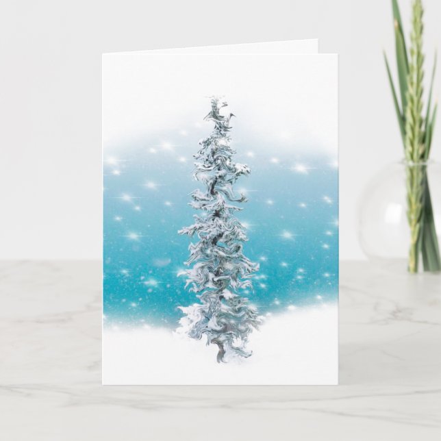 Arctic blue frozen frosty silver sparkle evergreen holiday card (Front)