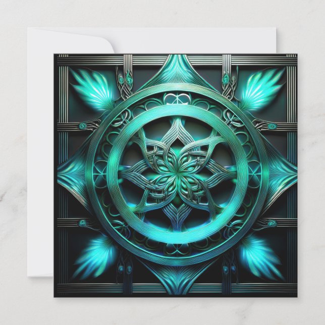 Arctic Blue Mandala Style Fractal In Frame Invitation (Front)