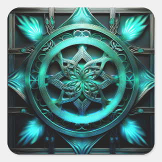 Arctic Blue Mandala Style Fractal In Frame Square Sticker