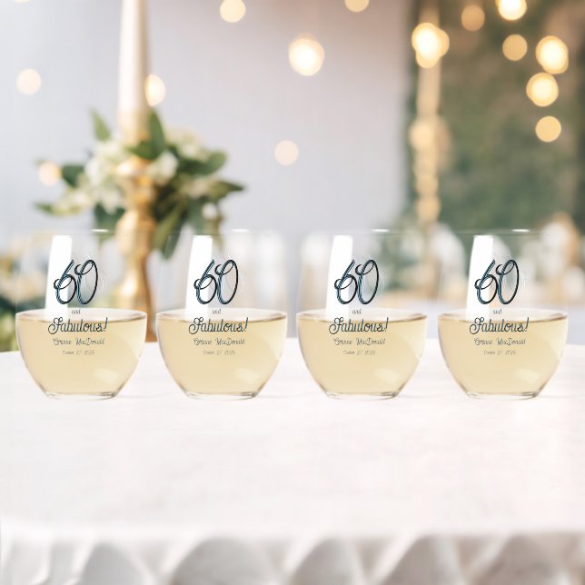Arctic Blue Sixty and Fabulous 60th Birthday Party Stemless Wine Glass (Insitu (Wedding))