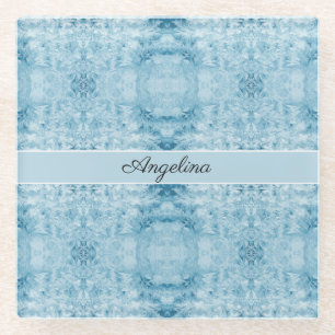 Arctic Chill   Blue & White Feather Pattern Custom Glass Coaster