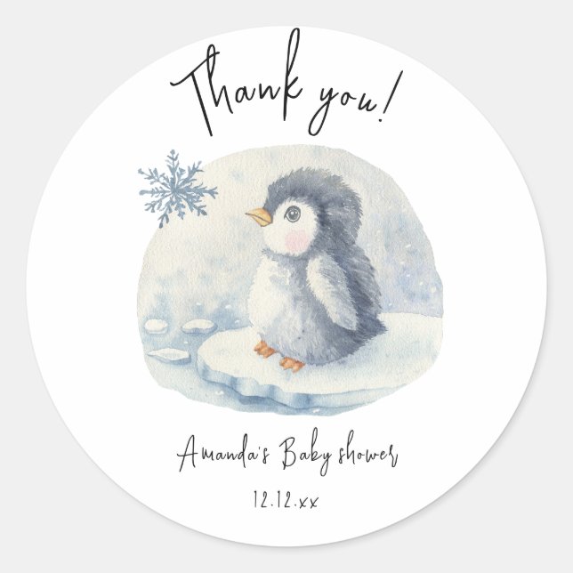 Arctic cute Penguin thank you baby shower  Classic Round Sticker (Front)