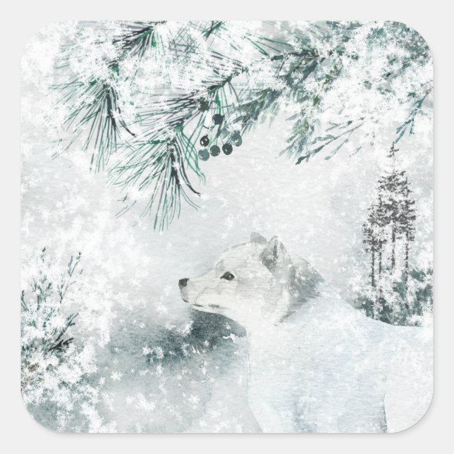 Arctic Fox Blustering Winter Woodland Snow Storm Square Sticker (Front)