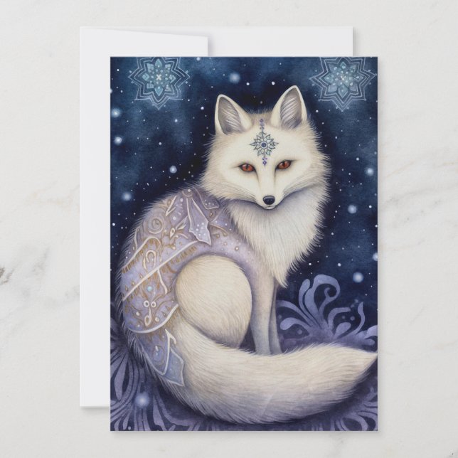 Arctic Fox Boho Mystical Art Holiday Card (Front)