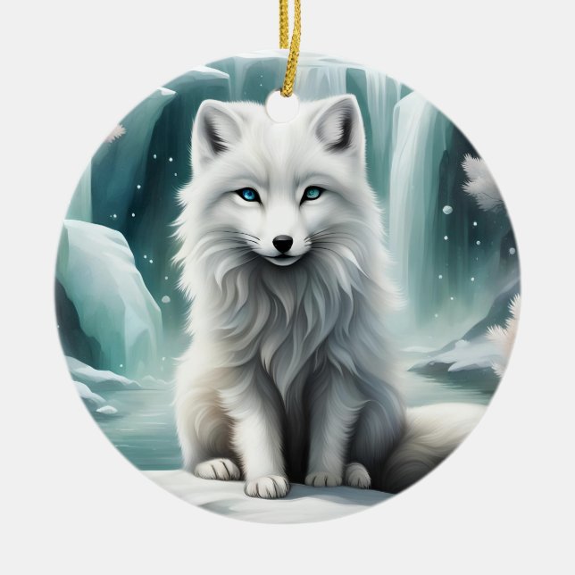 Arctic Fox Ceramic Tree Decoration (Front)