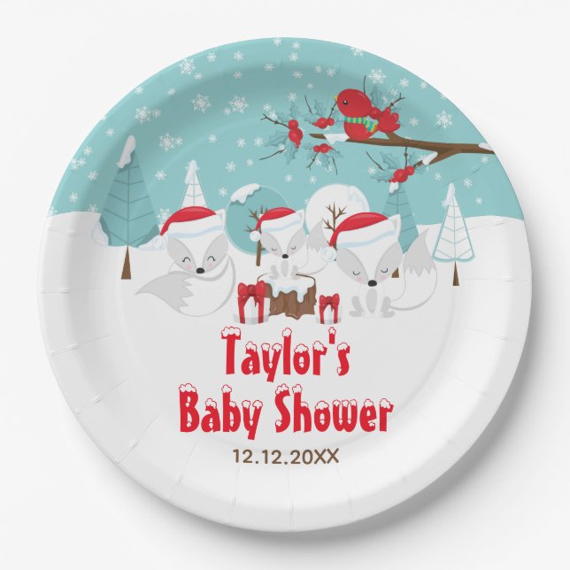 Arctic Fox Christmas Woodland Baby Shower Paper Plate (Front)