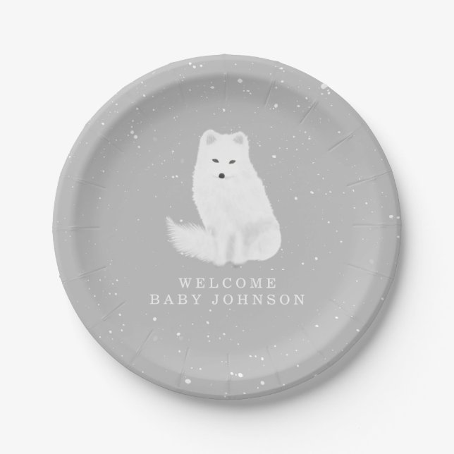 Arctic Fox Grey Winter Baby Shower Paper Plate (Front)